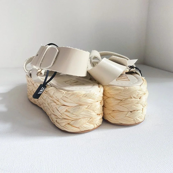 NWT Zara Ivory Leather Strappy Flatform Platform Espadrille Sandals 40 - Picture 3 of 5